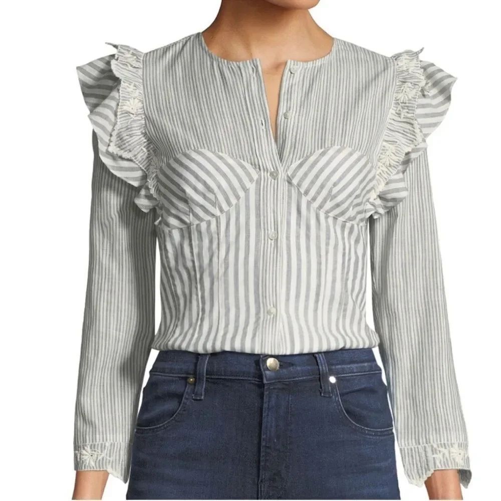 Rebecca Taylor Ruffle Stripe Blouse Size 4 Gray White Cotton Linen Blend